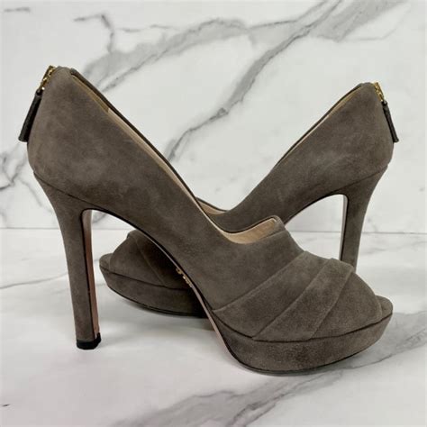 prada taupe suede peep toe pumps|prada ankle pumps.